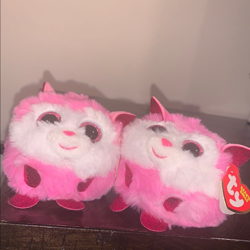 Ty Pink and White Fuzzy Plush Set